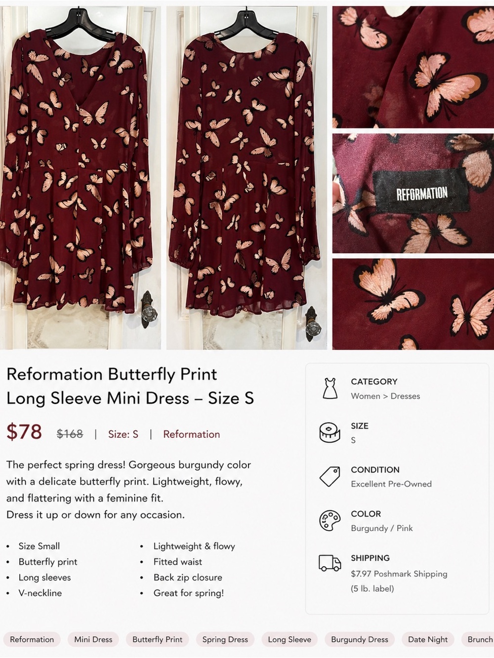 Reformation Burgundy Dress with Pink Butterfly Print